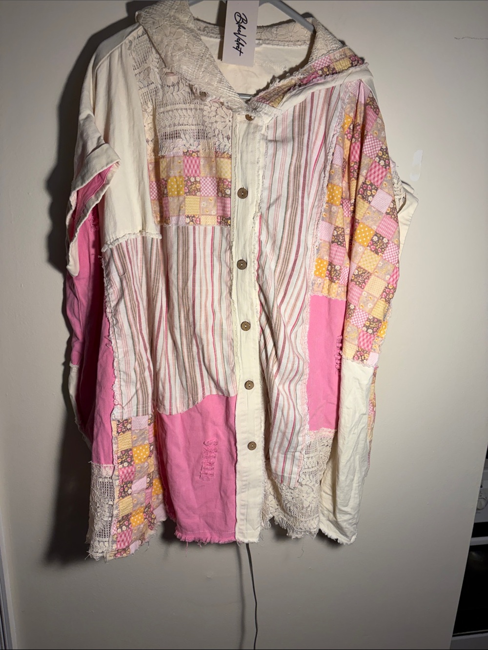 Patchwork Hooded Button-Down Shirt Jacket in Pink & Cream